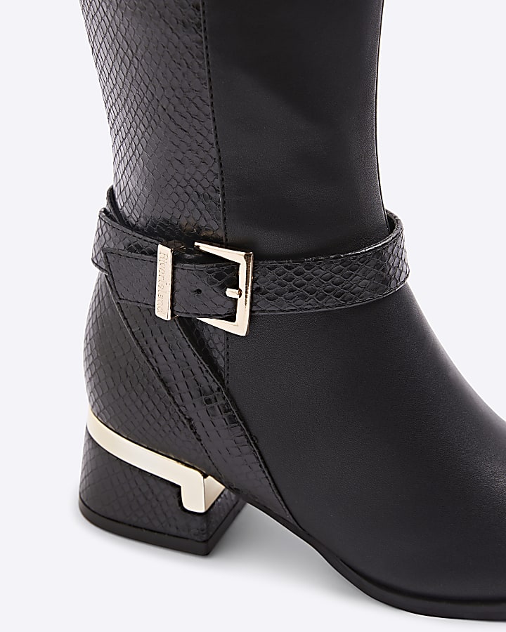 Girls Black Heeled Knee High Boots