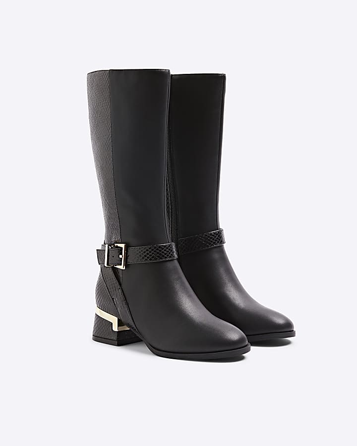 Girls Black Heeled Knee High Boots