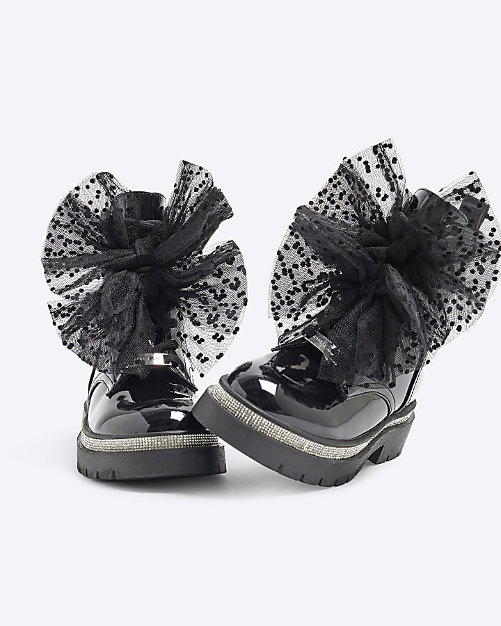 Girls Black Patent Bow Boots