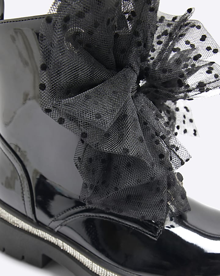 Girls Black Patent Bow Boots
