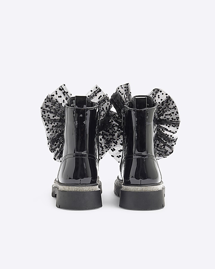 Girls Black Patent Bow Boots