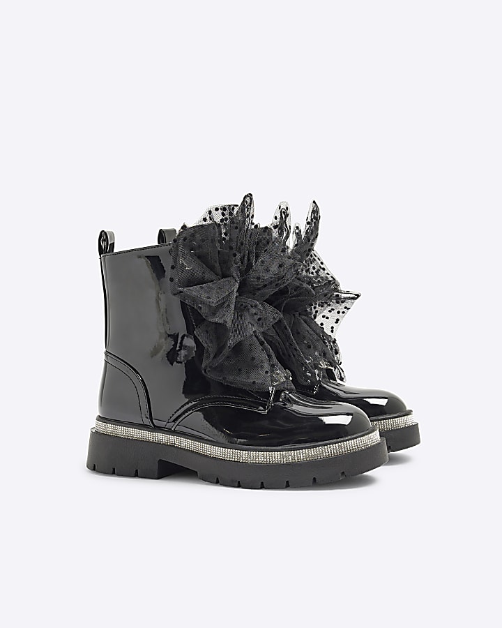 Girls Black Patent Bow Boots