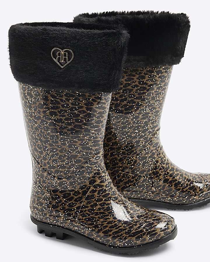 Girls Brown Faux Fur Cuff Leopard Wellies