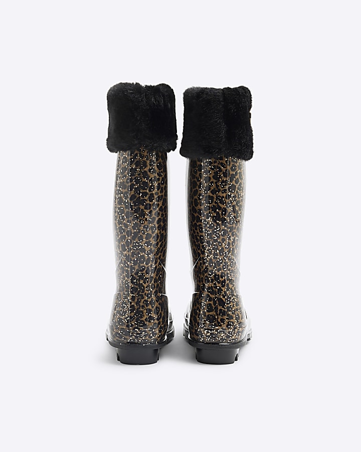 Girls Brown Faux Fur Cuff Leopard Wellies