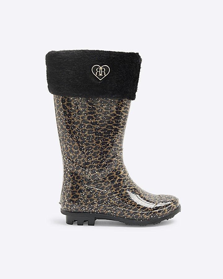 Girls Brown Faux Fur Cuff Leopard Wellies