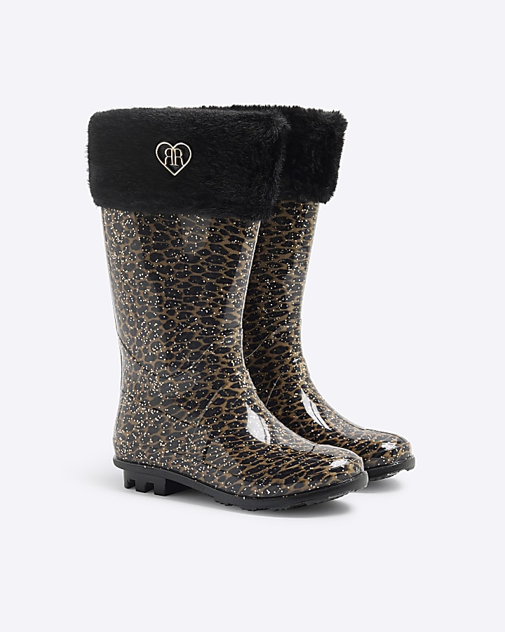 Girls Brown Faux Fur Cuff Leopard Wellies