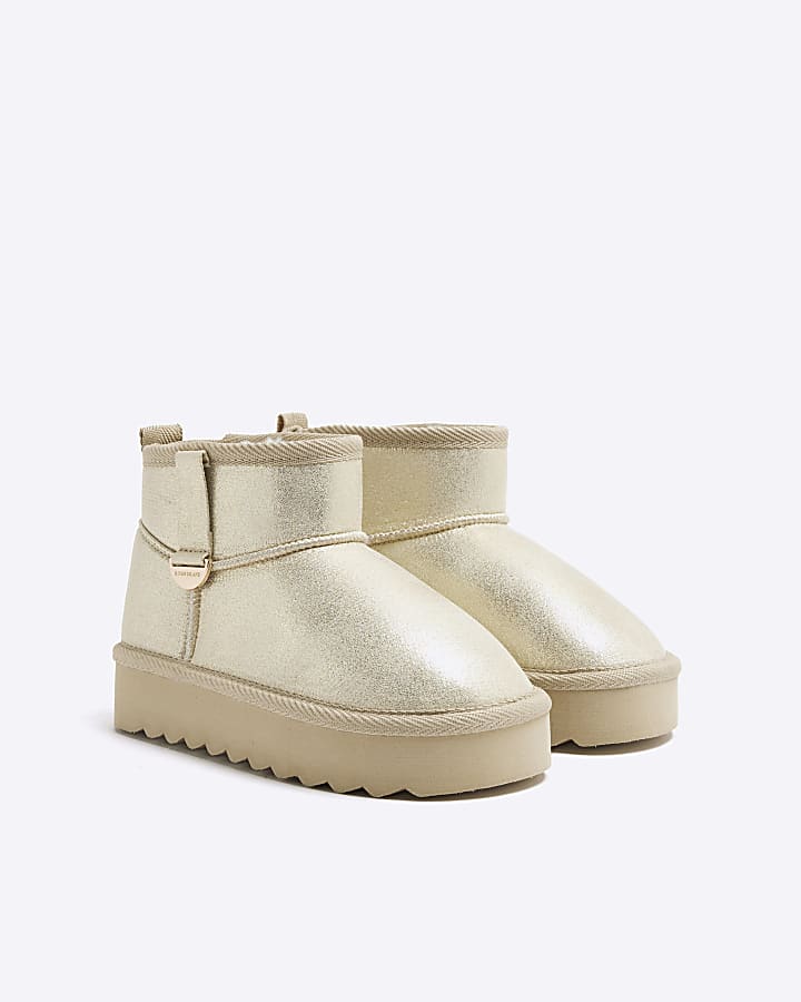 Girls Gold Metallic Faux Fur Lined Boots