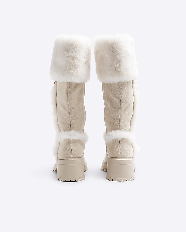 Girls Beige Suedette Faux Fur Knee High Boots