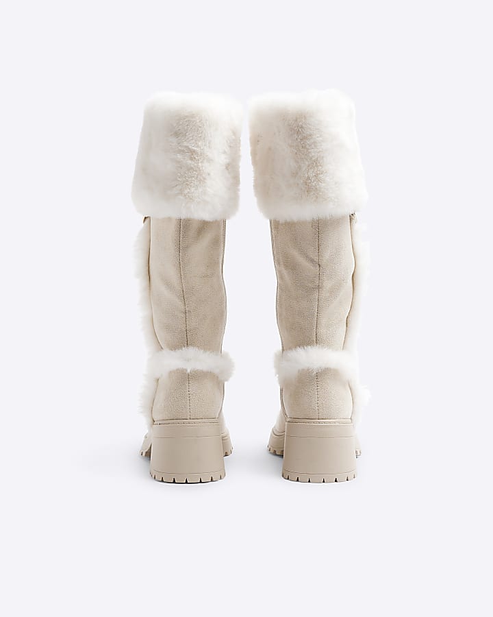 Girls Stone Suedette Faux Fur Knee High Boots