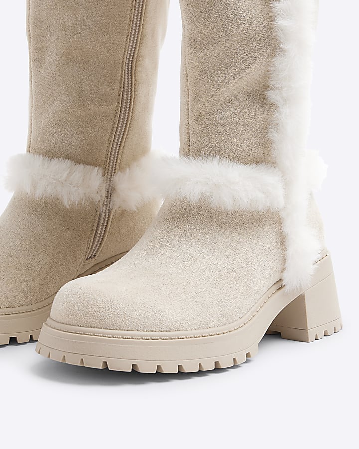 Girls Beige Suedette Faux Fur Knee High Boots