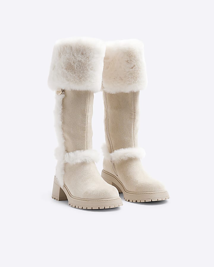 Girls Beige Suedette Faux Fur Knee High Boots