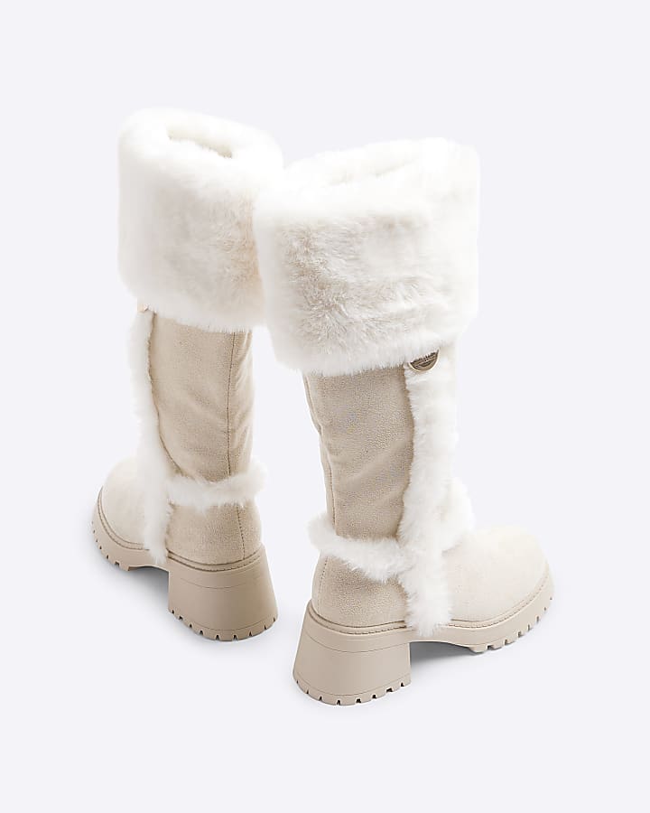 Girls Beige Suedette Faux Fur Knee High Boots