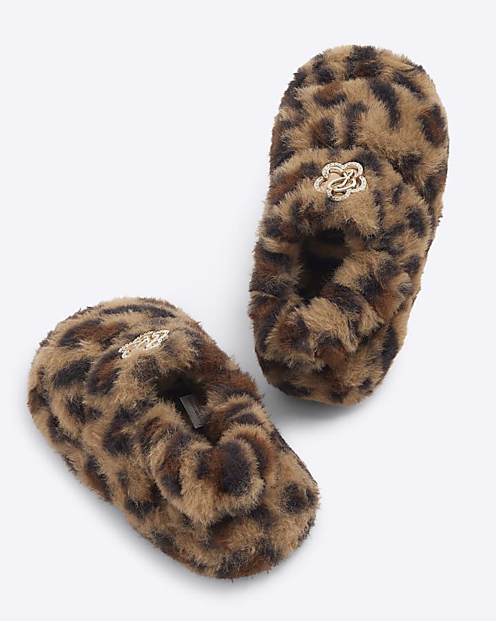 Girls Brown Faux Fur Leopard Slippers