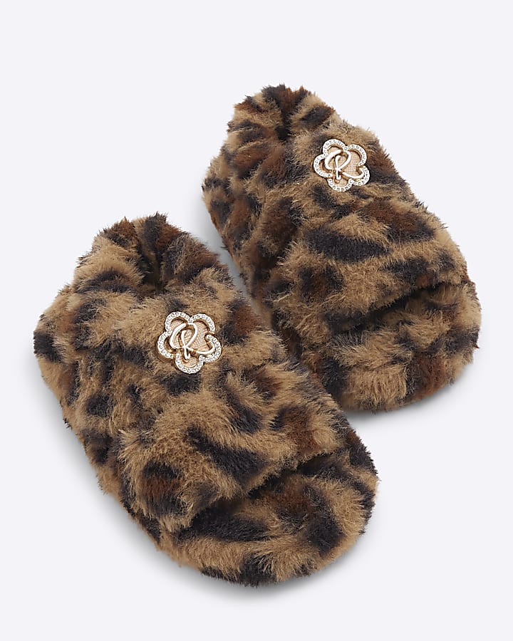 Girls Brown Faux Fur Leopard Slippers