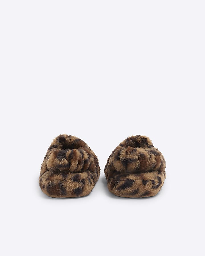 Girls Brown Faux Fur Leopard Slippers