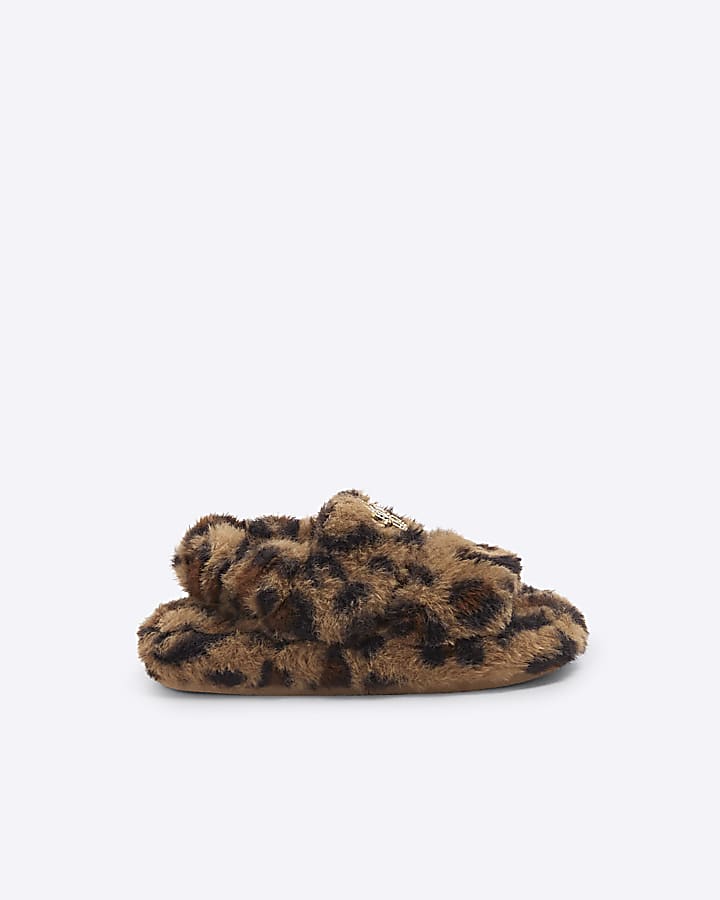 Girls Brown Faux Fur Leopard Slippers