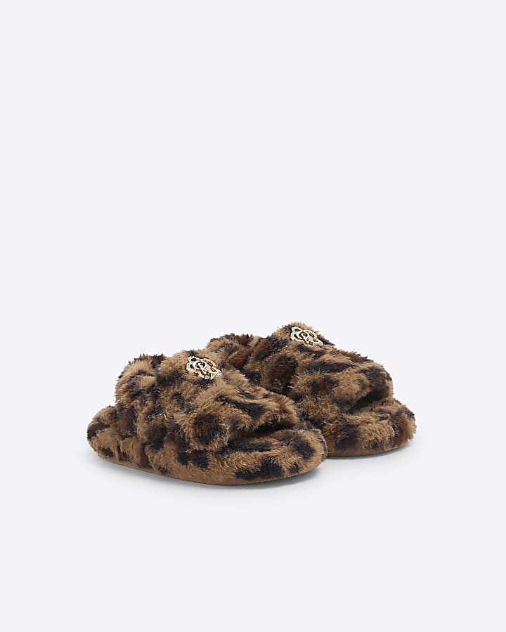 Girls Brown Faux Fur Leopard Slippers