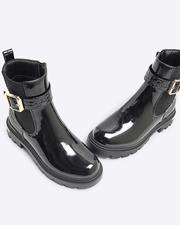 Girls Black Patent Croc Buckle Chelsea Boots