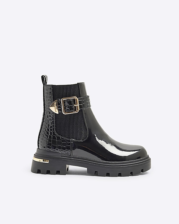 Girls Black Patent Croc Buckle Chelsea Boots