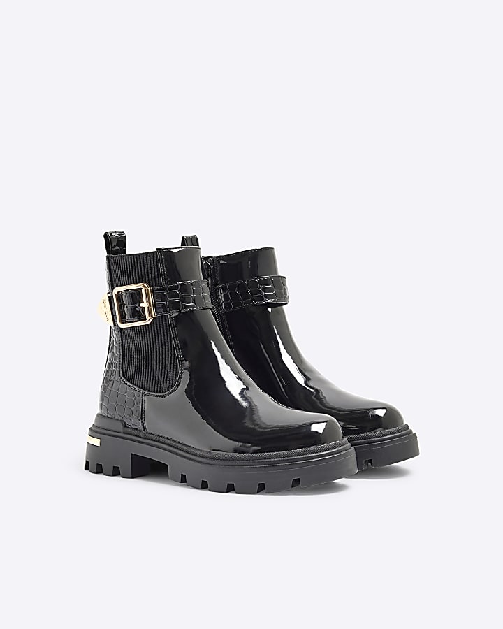 Girls Black Patent Croc Buckle Chelsea Boots