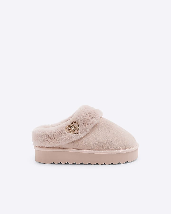 Girls Pink Faux Fur Closed Toe Slippers