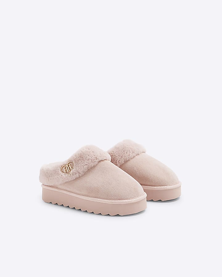 Girls Pink Faux Fur Closed Toe Slippers