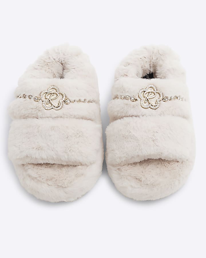 Girls Cream Faux Fur Open Toe Slipper