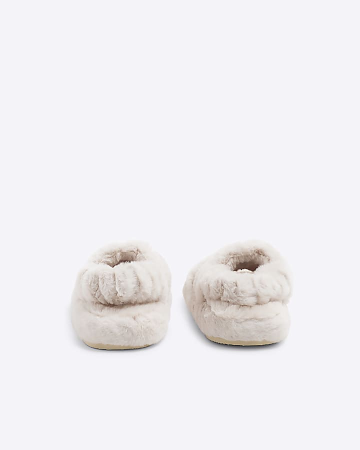 Girls Cream Faux Fur Open Toe Slipper