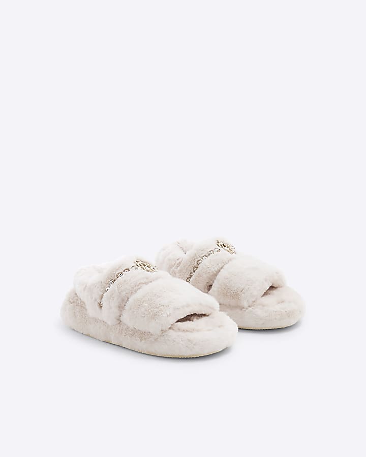 Girls Cream Faux Fur Open Toe Slipper