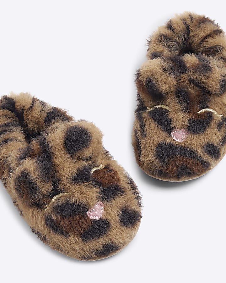 Mini Girls Brown Faux Fur Leopard Slipper