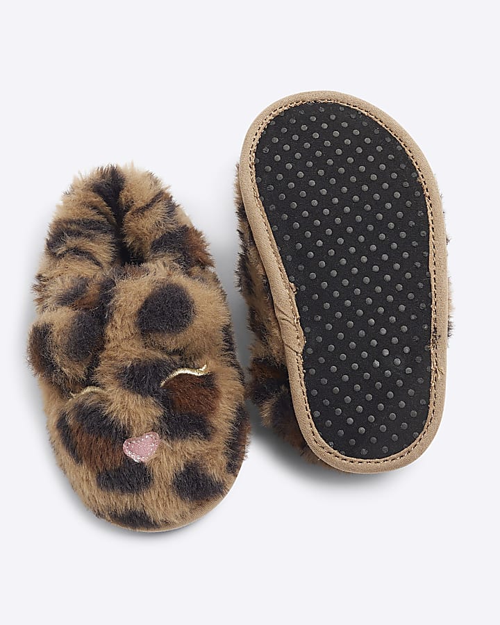 Mini Girls Brown Faux Fur Leopard Slipper