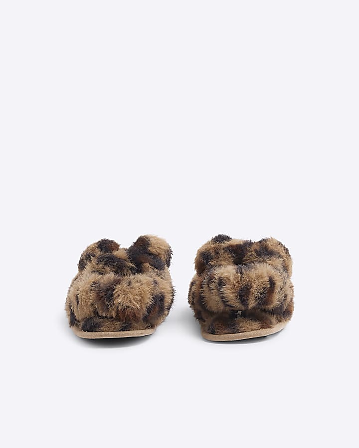 Mini Girls Brown Faux Fur Leopard Slipper