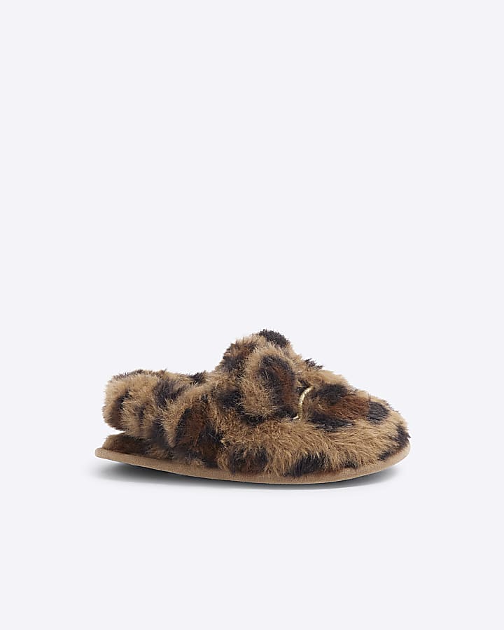 Mini Girls Brown Faux Fur Leopard Slipper