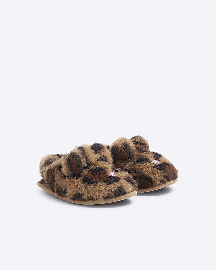 Mini Girls Brown Faux Fur Leopard Slipper