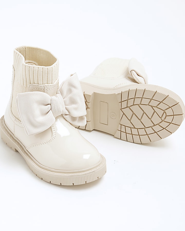 Mini Girls Cream Patent Bow Boots