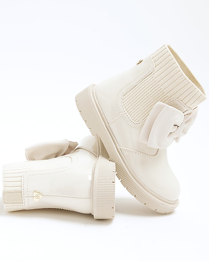 Mini Girls Cream Patent Bow Boots