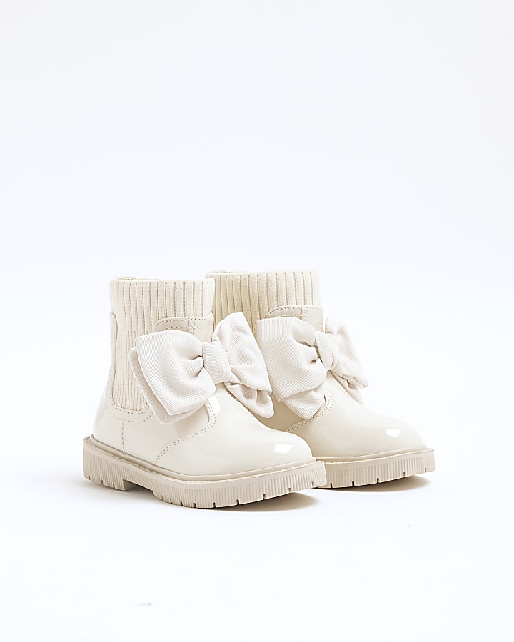 Mini Girls Cream Patent Bow Boots