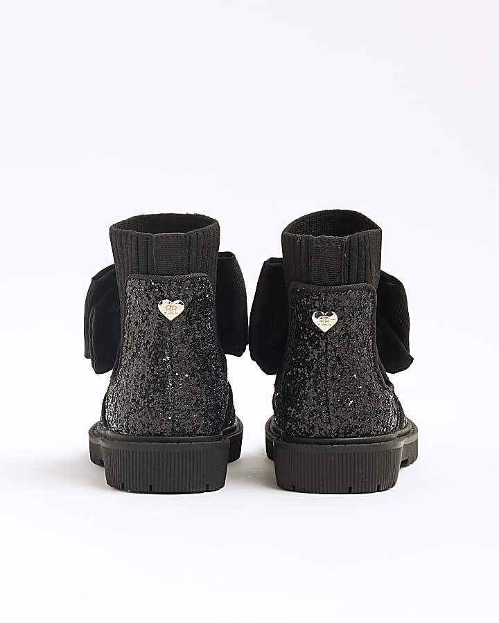 Mini Girls Black Glitter Bow Boots