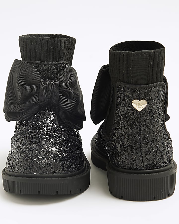 Mini Girls Black Glitter Bow Boots