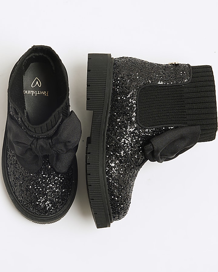 Mini Girls Black Glitter Bow Boots