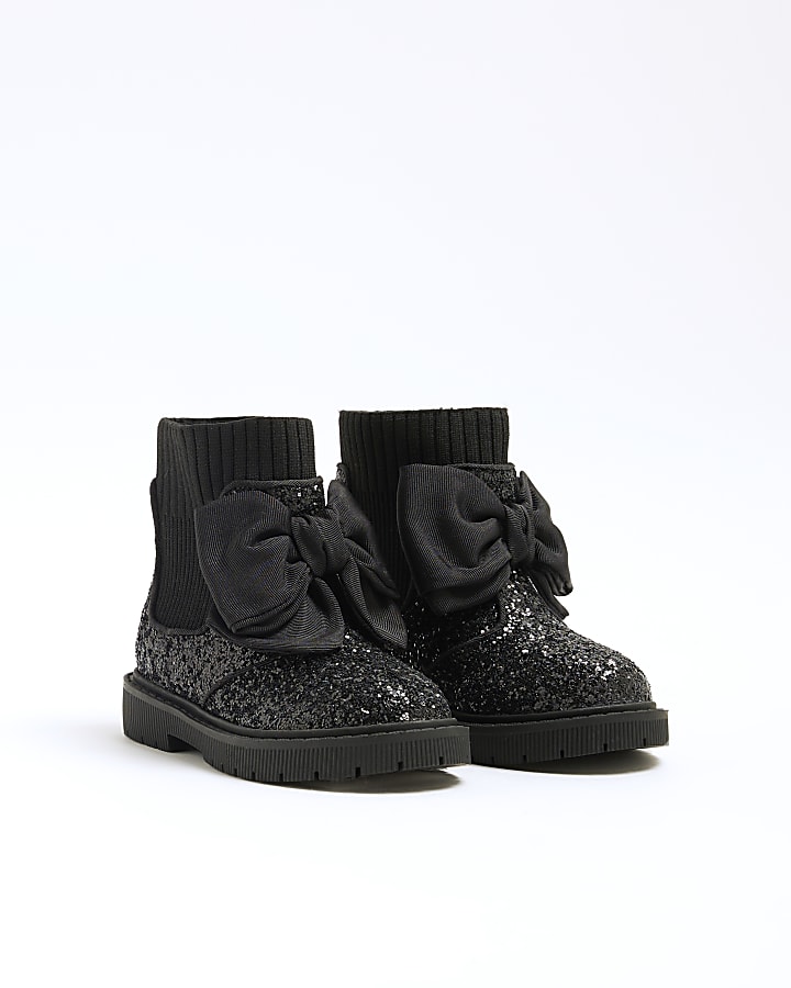 Mini Girls Black Glitter Bow Boots