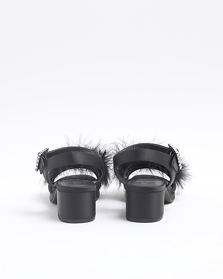 Girls Black Feather Strap Heeled Sandals