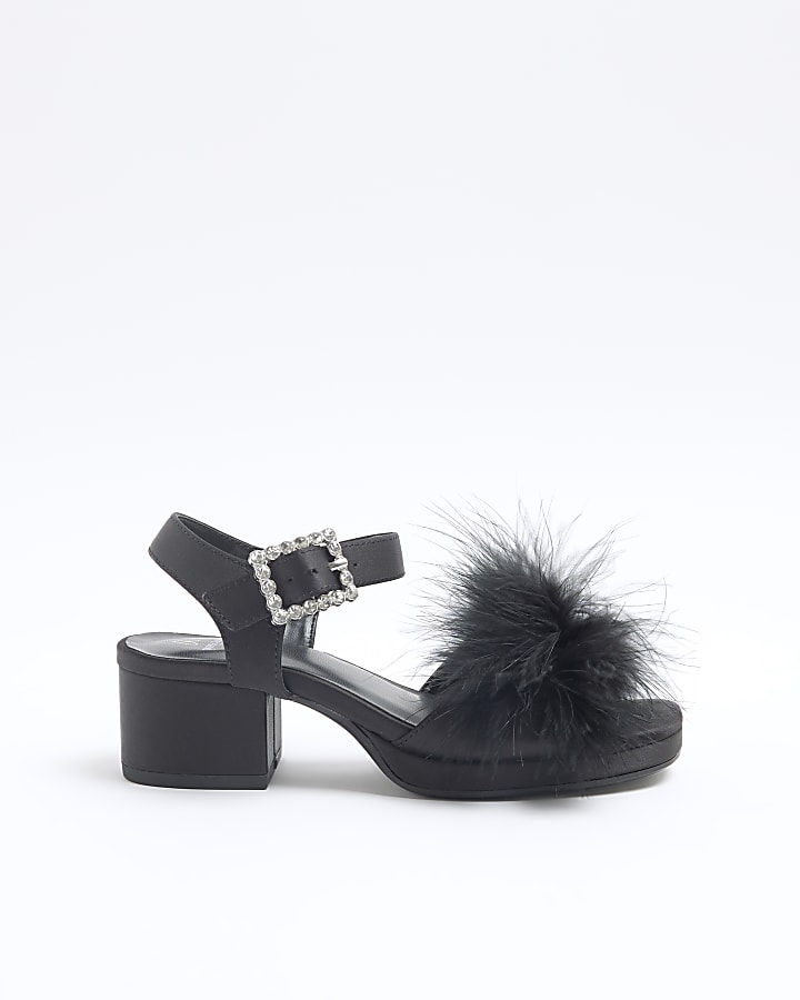 Girls Black Feather Strap Heeled Sandals