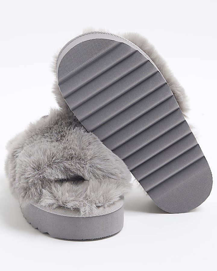 Girls Grey Faux Fur Platform Slippers