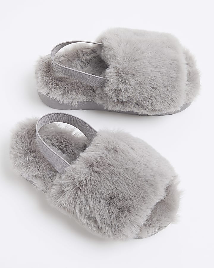 Girls Grey Faux Fur Platform Slippers