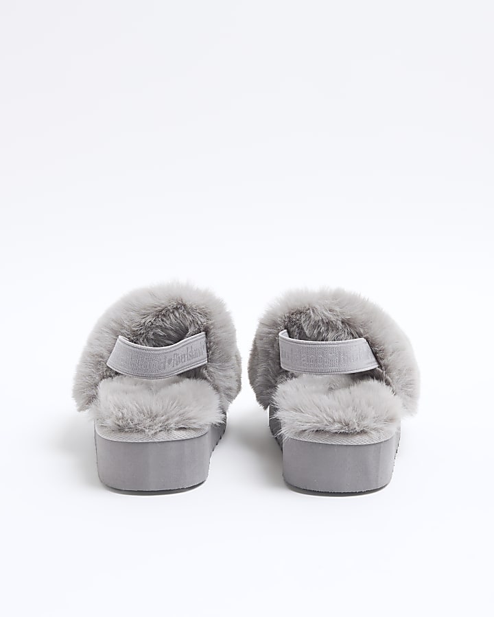 Girls Grey Faux Fur Platform Slippers