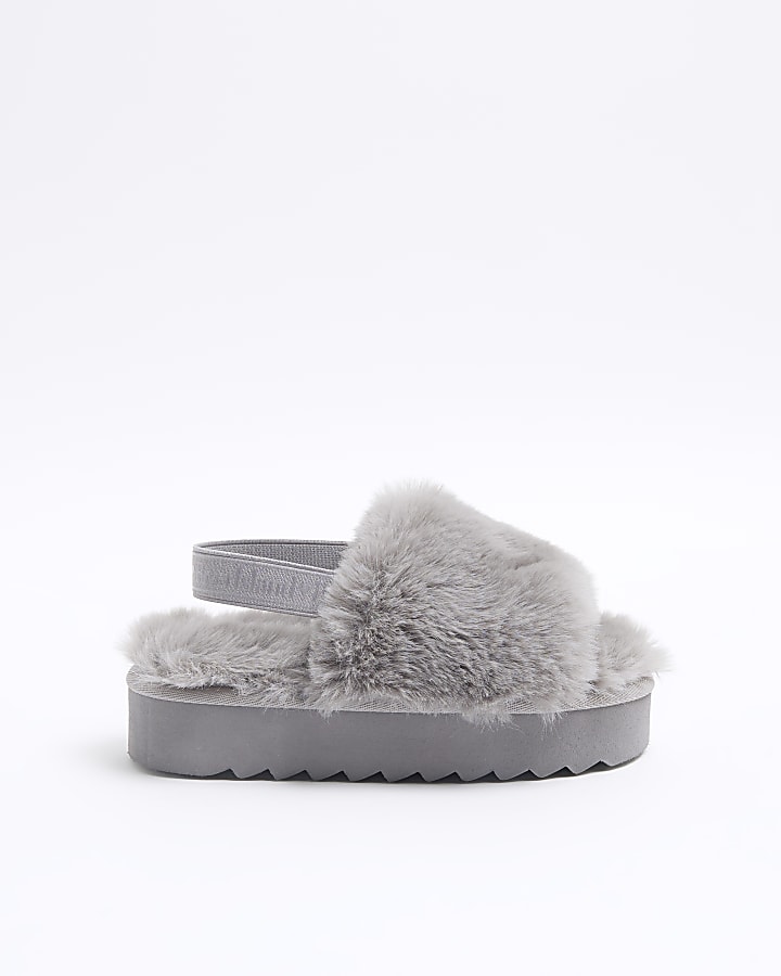 Girls Grey Faux Fur Platform Slippers