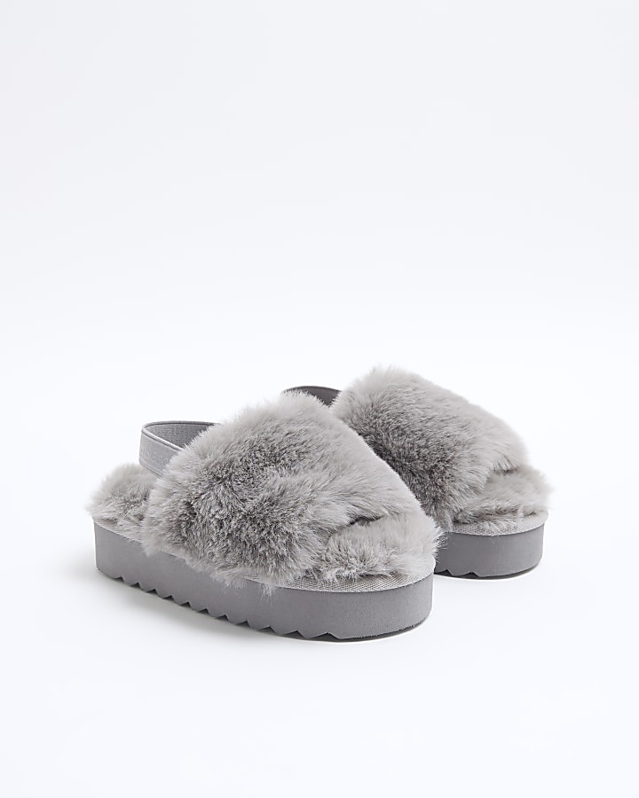 Girls Grey Faux Fur Platform Slippers