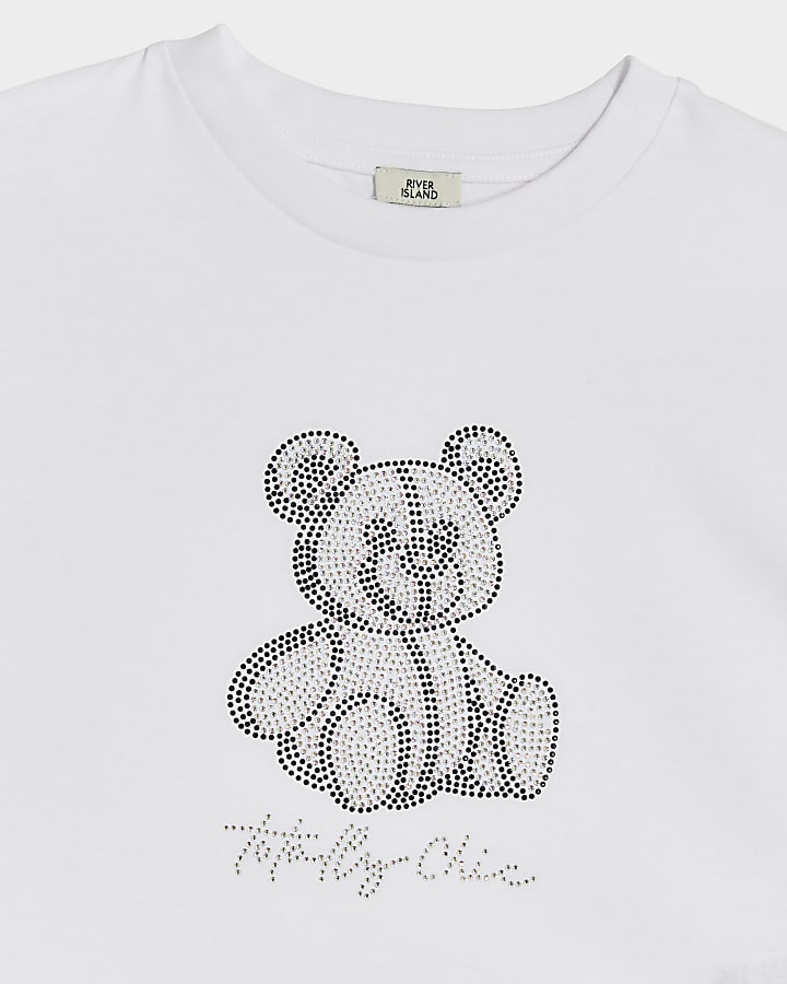 Girls white diamante bear t-shirt