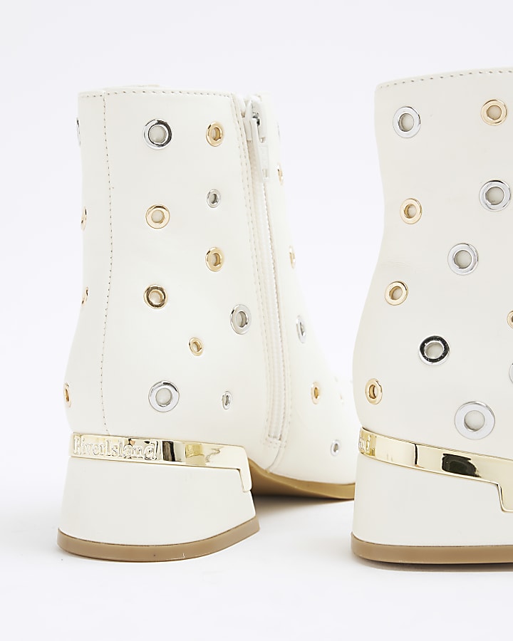 Girls Cream Studded Heeled Boots